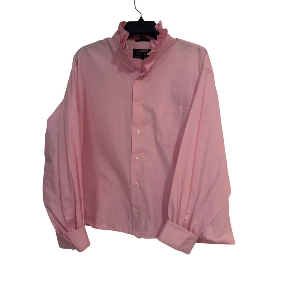 Womens Solid Pink Upcycled Ruffle Collar Button Up Mens Shirt Size XL - Picture 2 of 6